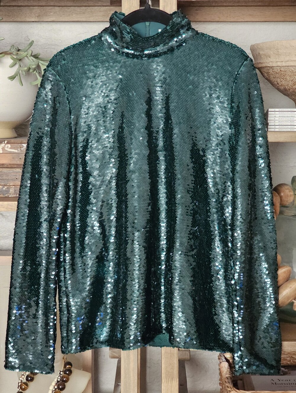 Zara Limited Edition Sequin Long Sleeve Mock Neck Size XS Green